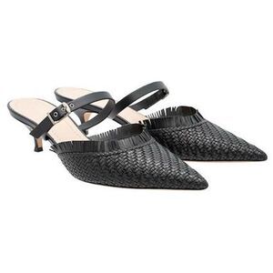 CHRISTIAN DIOR Lambskin Woven Teddy D Mule Sandals Black Kitten Heels Size 38.5